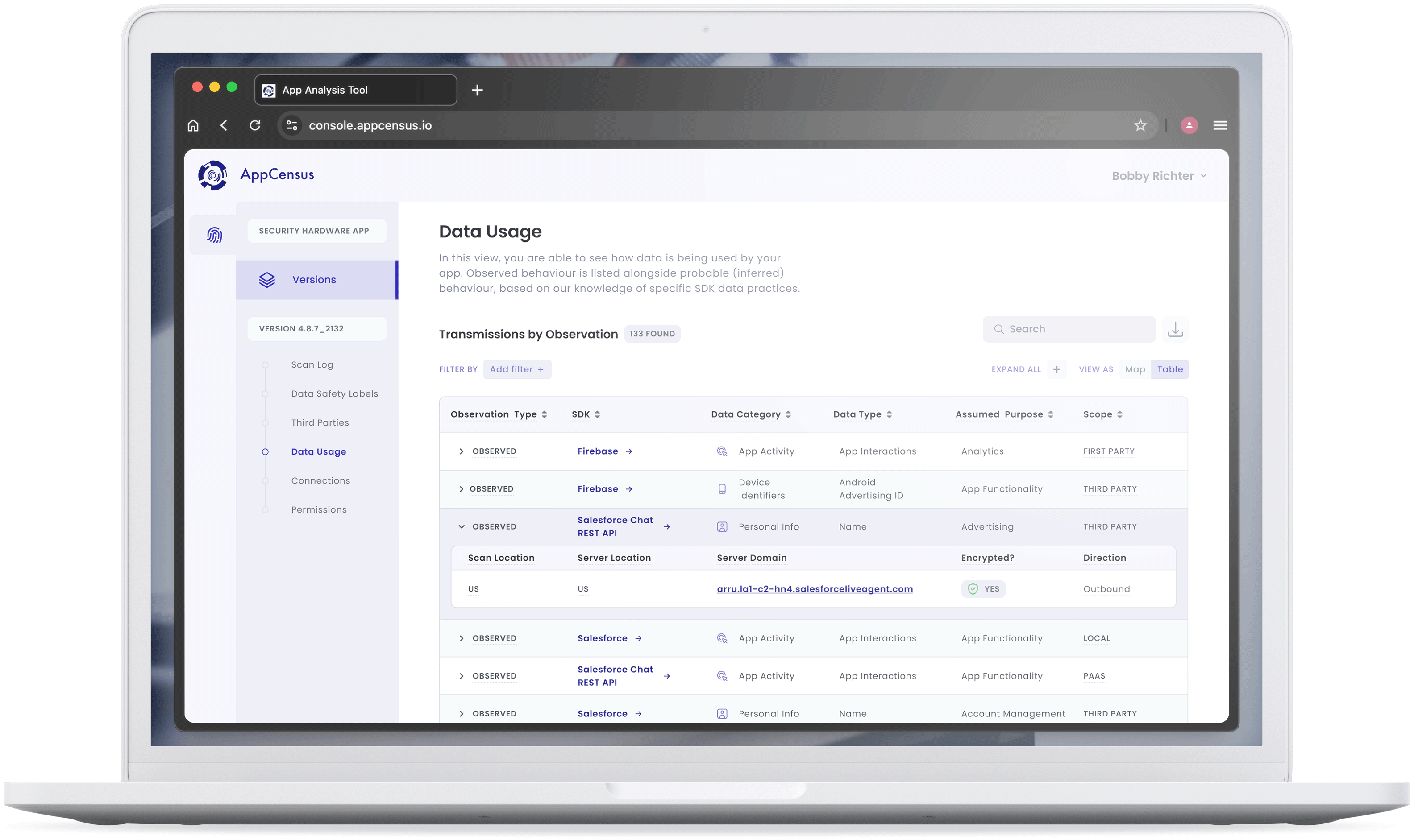 Screenshot of the Data Usage analysis page in the AppCensus Console, used to understand what type of data is being transmitted, where and for what purpose. 