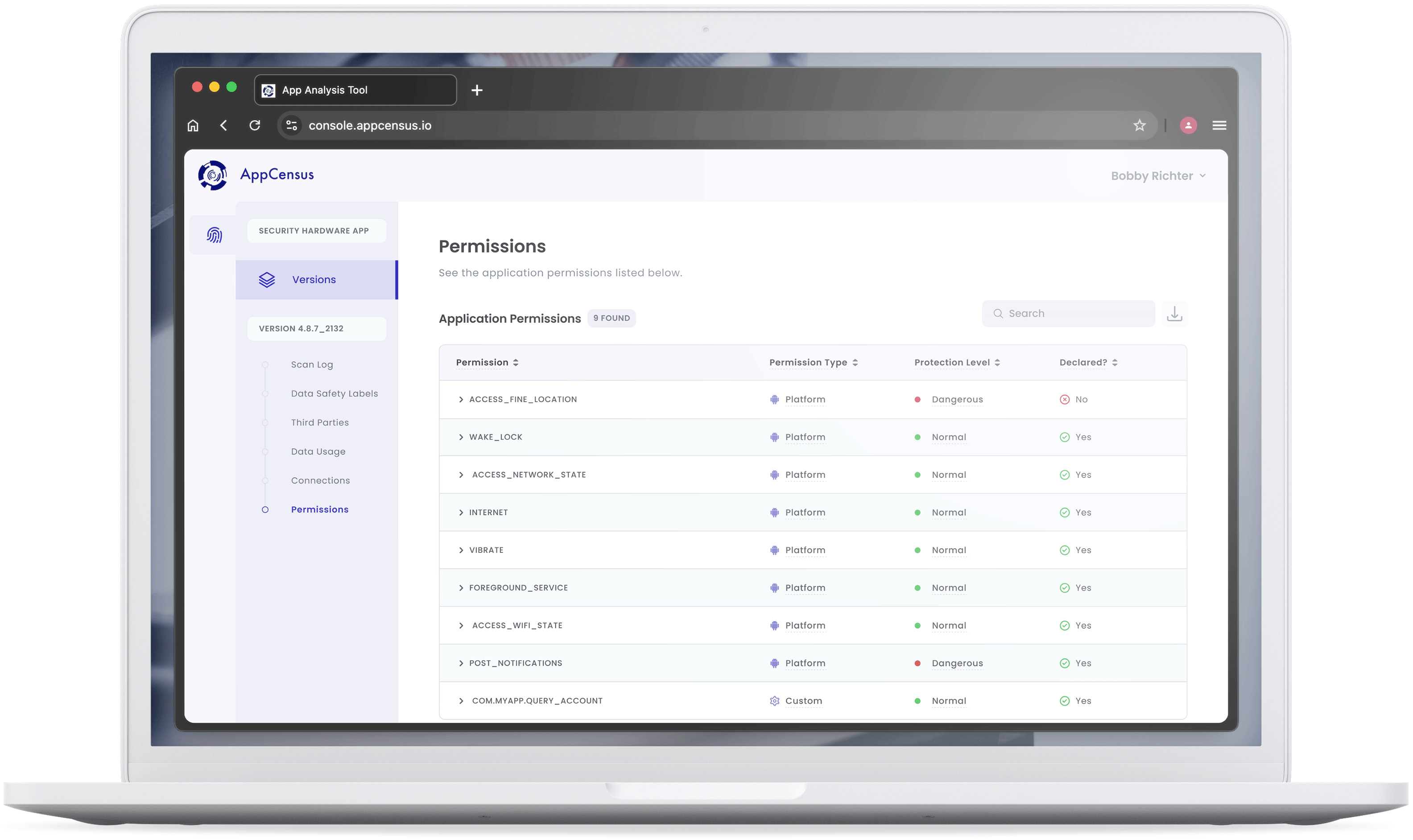 Screenshot of permissions analysis from the AppCensus Console, used to evaluate permission declarations.