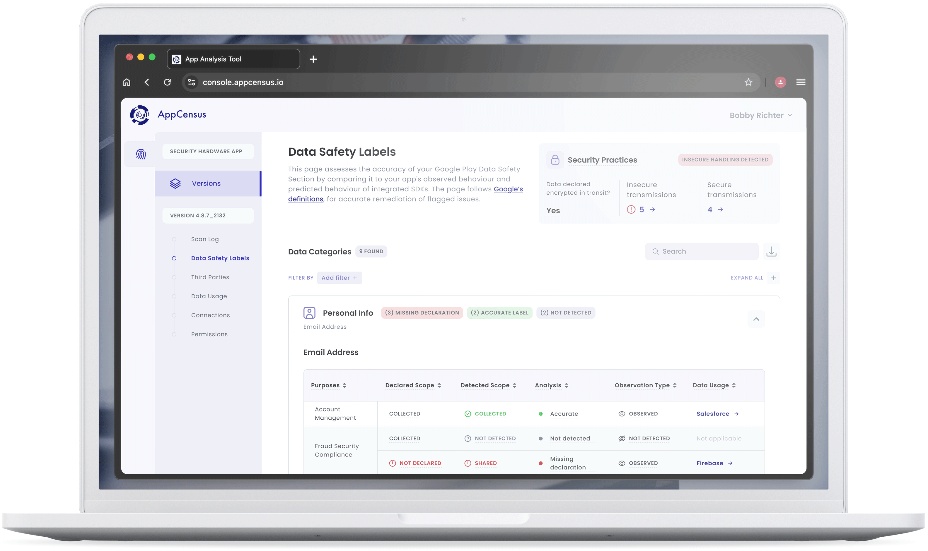 Screenshot of the Data Safety Label analysis page in the AppCensus Console, used to audit the accuracy of app privacy claims.