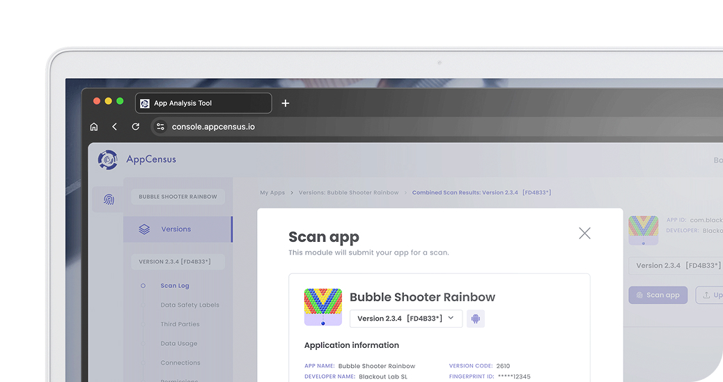 Mobile App Privacy Scan Partial screenshot of the AppCensus console showing user driven app scanning