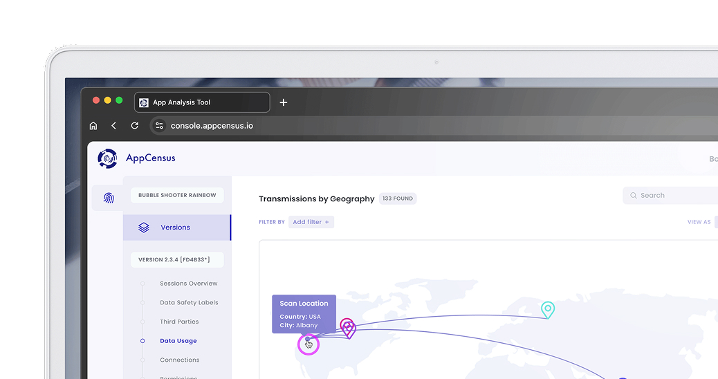 Partial screenshot of the AppCensus console showing data transmissions by geography