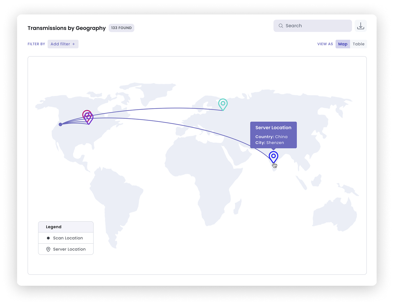 A screenshot of data transmissions by geography from the AppCensus Console, used to understand where app data is being sent around the world.